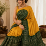 Mustard Yellow & Deep Green Mirror Work Saree