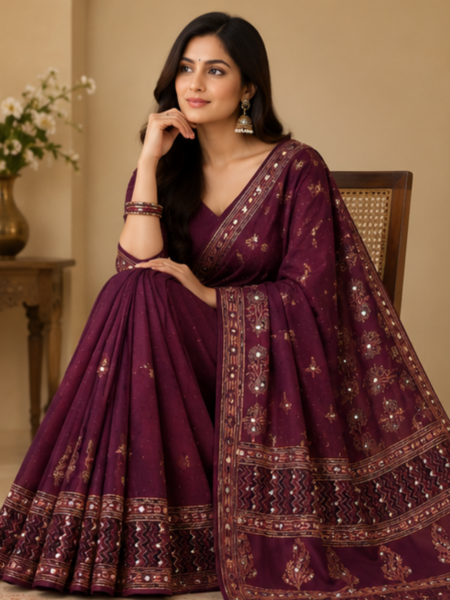 Royal Plum Heritage – Embroidered Printed Saree