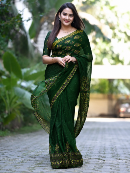 Deep Green Printed Saree