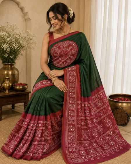 Dark Green and Maroon Bandhani Saree