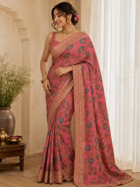 Pink Floral Mirror Work Saree – A Celebration of Traditional Craft