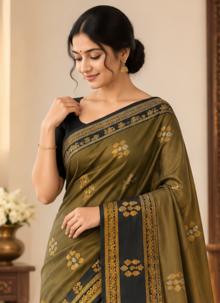 Olive Green & Black Gold Woven Saree