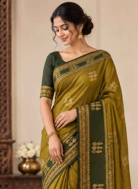 Olive Green & Black Gold Woven Saree