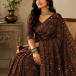 Regal Cocoa Charm – Traditional Printed Saree