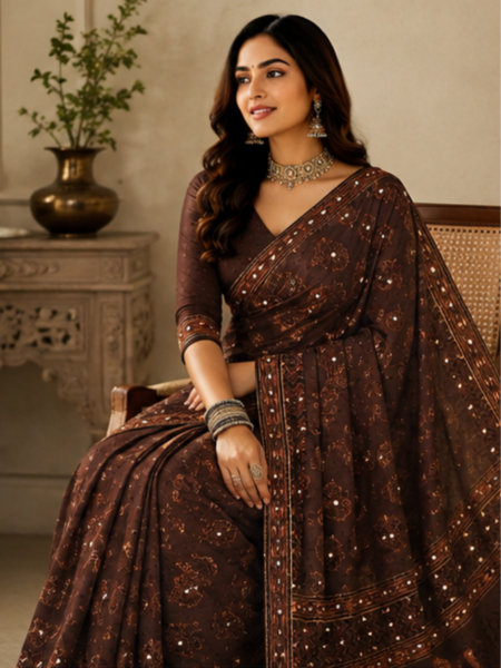 Regal Cocoa Charm – Traditional Printed Saree