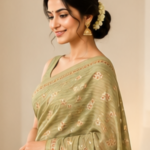 Olive Green Woven Motif Saree with Tassel Border