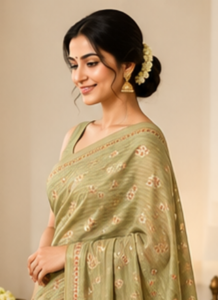 Olive Green Woven Motif Saree with Tassel Border