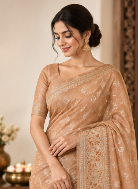 Peach Beige Zari Woven Saree