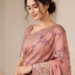 Peach Pink & Purple Floral Brocade Saree