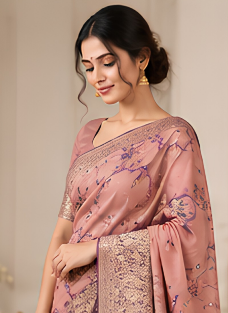 Peach Pink & Purple Floral Brocade Saree