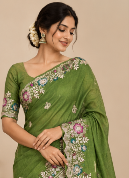 Green Floral Embroidered Saree