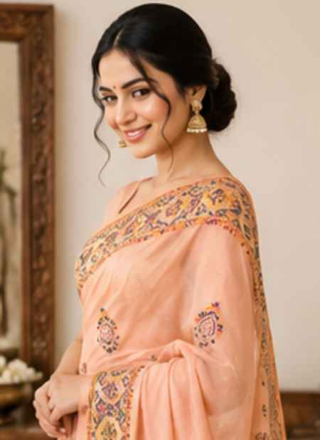 Peach Multicolour Embroidered Border Saree