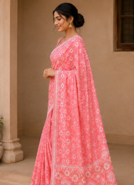 Pink Floral Printed Saree