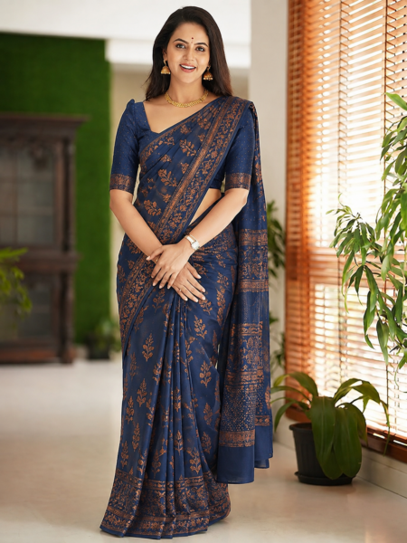 Elegant Indigo Blue Floral Printed Saree