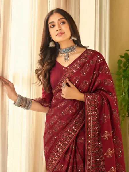 Regal Maroon Floral Print Saree with Intricate Zari-Inspired Borders